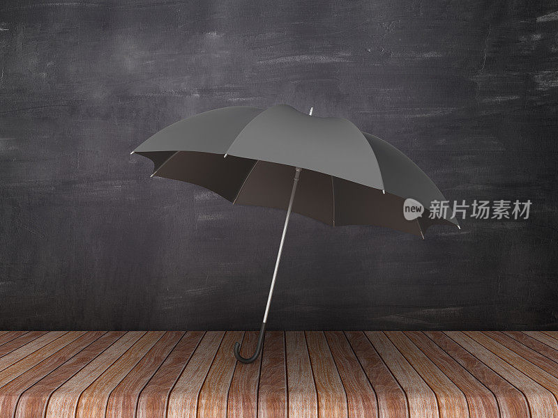 雨伞在木地板上-黑板背景- 3D渲染